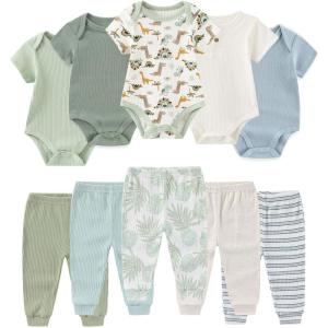 Ruliby Baby Bodysuit and Pant Set Summer Ribbed Mix Match Infant Boy Girl Clothes Outfits(Sage Green Dinosaur Ribbed 10 Pieces)