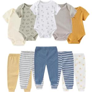 Ruliby Baby Bodysuit and Pant Set Summer Ribbed Mix Match Infant Boy Girl Clothes Outfits(Sailboat Blue Ribbed 10 Pieces)