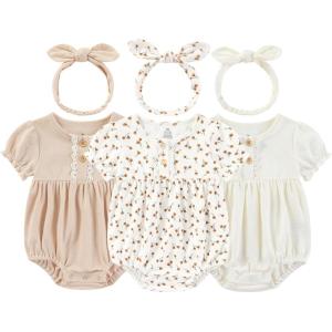 Ruliby Baby Girl Outfit Cotton Bubble Romper Floral Dress Infant Girls Clothes 3-pack(Beige/Orange Floral/Light Khaki Short-sleeved)