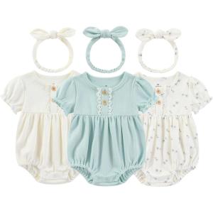 Ruliby Baby Girl Outfit Cotton Bubble Romper Floral Dress Infant Girls Clothes 3-pack(Blue Floral/Blue/Beige Short-sleeved)