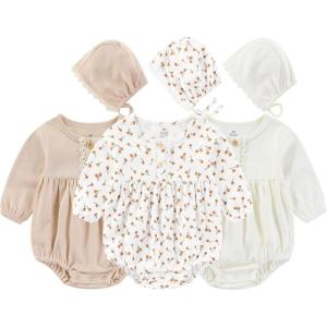Ruliby Baby Girl Outfit Cotton Bubble Romper Floral Dress Infant Girls Clothes 3-pack(Long-sleeved Beige/Orange Floral/Light Khaki)