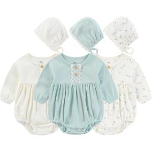 Ruliby Baby Girl Outfit Cotton Bubble Romper Floral Dress Infant Girls Clothes 3-pack(Long-sleeved Blue Floral/Blue/Beige)