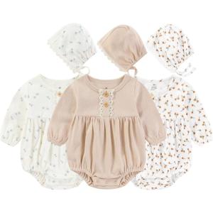 Ruliby Baby Girl Outfit Cotton Bubble Romper Floral Dress Infant Girls Clothes 3-pack(Long-sleeved Orange Floral/Light Khaki/Blue Floral)