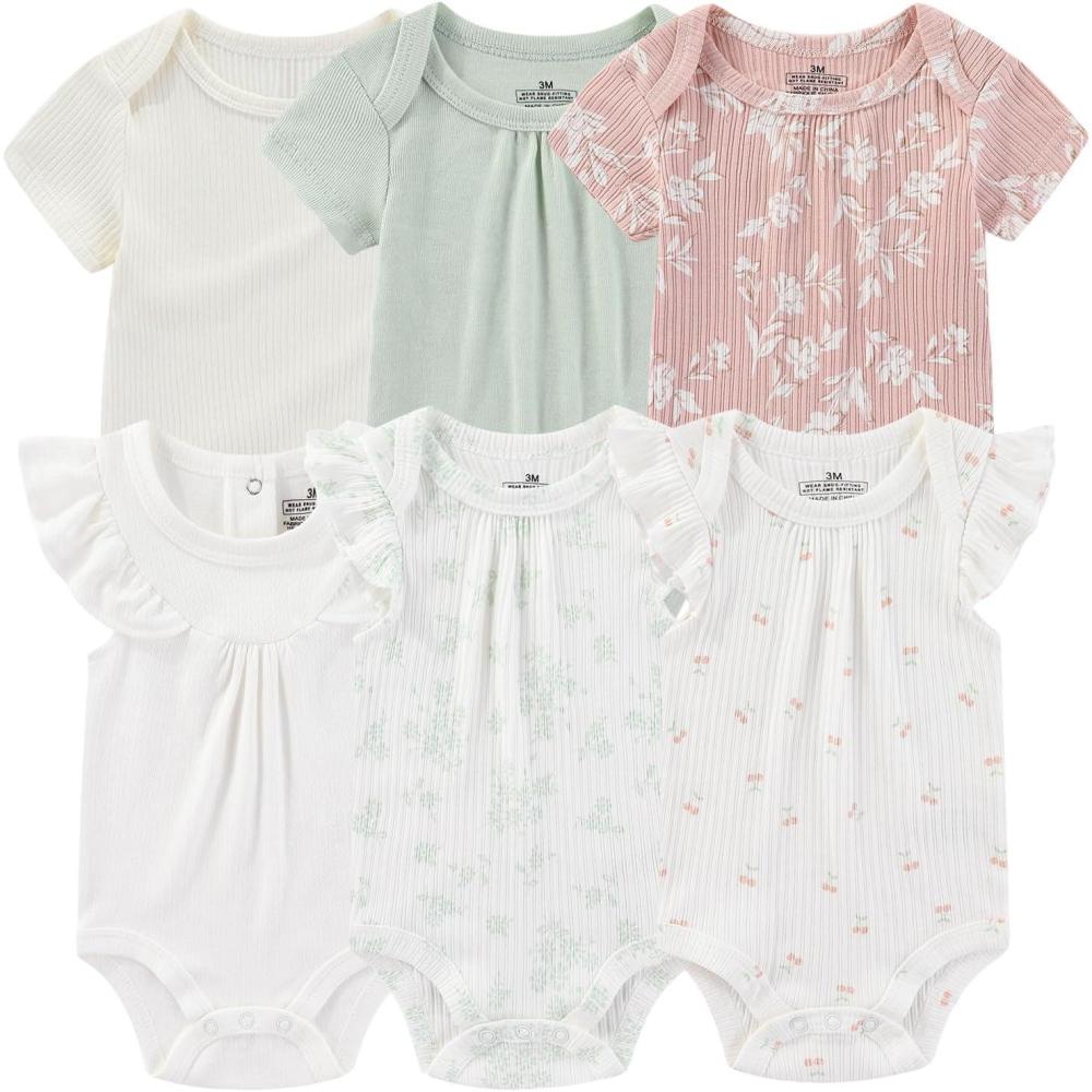 imageRuliby Baby Bodysuit 6 Pack Soft Mixed Ribbed Short Sleeve Romper Infant Boy Girl Clothes SetBaby Bodysuit 6piece FlowerWhite