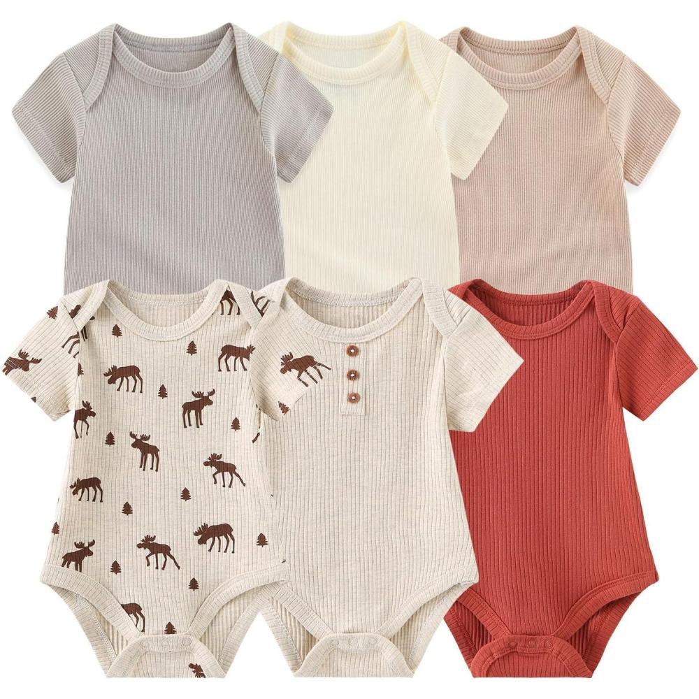 imageRuliby Baby Bodysuit 6 Pack Soft Mixed Ribbed Short Sleeve Romper Infant Boy Girl Clothes SetBaby Bodysuit 6piece SolidLight KhakiDeer