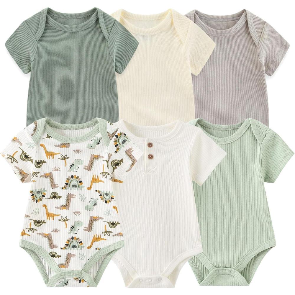 imageRuliby Baby Bodysuit 6 Pack Soft Mixed Ribbed Short Sleeve Romper Infant Boy Girl Clothes SetBaby Bodysuit 6piece SolidSage GreenDinosaur