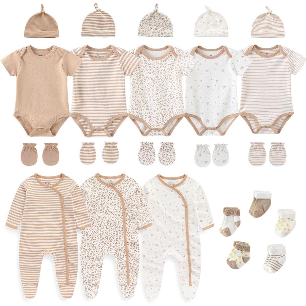 imageRuliby New Born Clothes Cotton Layette Gift Set Unisex Baby Outfit and Accessories Newborn Essentials Must HavesKhaki Stripe 23 Piece Set