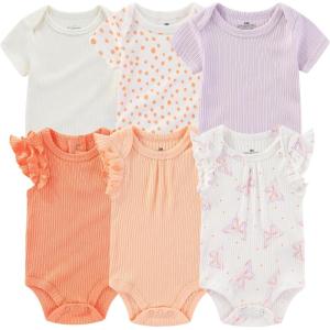 Ruliby Baby Bodysuit 6 Pack Soft Mixed Ribbed Short Sleeve Romper Infant Boy Girl Clothes Set(Baby Bodysuit 6-piece Butterfly/Purple/Orange)