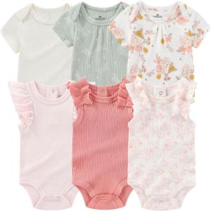 Ruliby Baby Bodysuit 6 Pack Soft Mixed Ribbed Short Sleeve Romper Infant Boy Girl Clothes Set(Baby Bodysuit 6-piece Green/Butterfly/Flower)