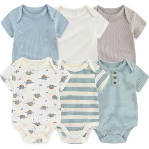 Ruliby Baby Bodysuit 6 Pack Soft Mixed Ribbed Short Sleeve Romper Infant Boy Girl Clothes Set(Baby Bodysuit 6-piece Solid/Gray Blue/Dinosaur)