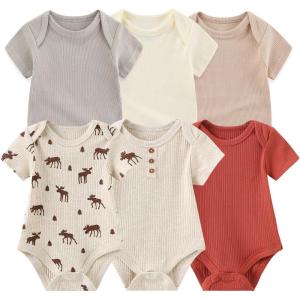 Ruliby Baby Bodysuit 6 Pack Soft Mixed Ribbed Short Sleeve Romper Infant Boy Girl Clothes Set(Baby Bodysuit 6-piece Solid/Light Khaki/Deer)