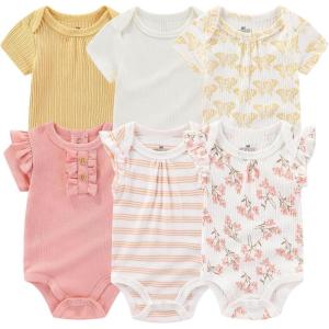 Ruliby Baby Bodysuit 6 Pack Soft Mixed Ribbed Short Sleeve Romper Infant Boy Girl Clothes Set(Baby Bodysuit 6-piece Yellow/Butterfly/Flower)