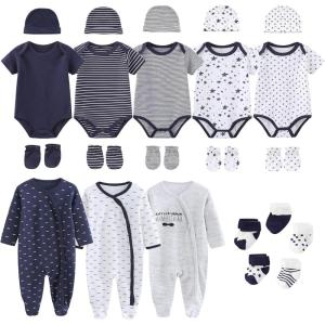 Ruliby New Born Clothes Cotton Layette Gift Set Unisex Baby Outfit and Accessories Newborn Essentials Must Haves(Dark Blue Star Stripe 23 Piece Set)