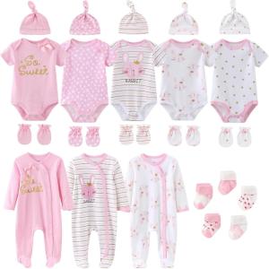 Ruliby New Born Clothes Cotton Layette Gift Set Unisex Baby Outfit and Accessories Newborn Essentials Must Haves(Pink Bunny 23 Piece Set)