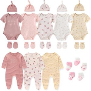 Ruliby New Born Clothes Cotton Layette Gift Set Unisex Baby Outfit and Accessories Newborn Essentials Must Haves(Strawberry Pink 23 Piece Set)