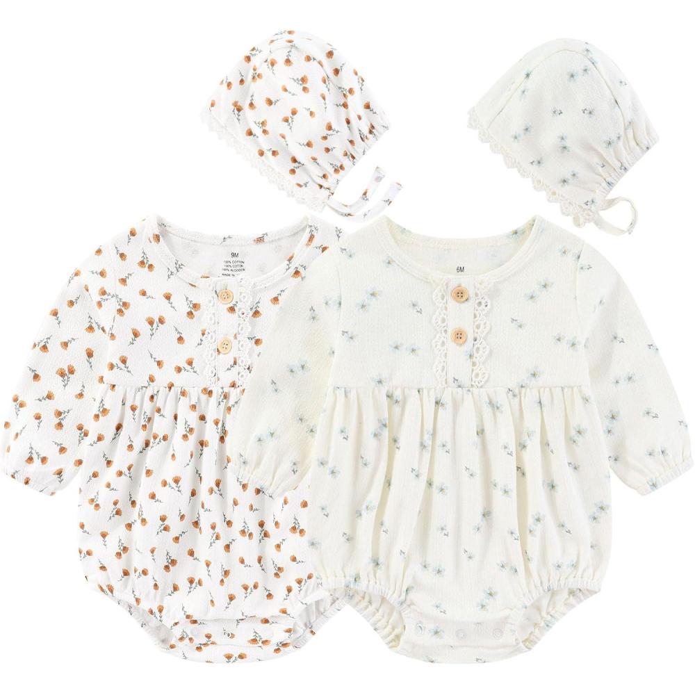 imageRuliby Baby Girl Clothes Cotton Bubble Romper Floral Bodysuits Infant Outfit SetLongsleeved Light Blue FloralOrange Floral