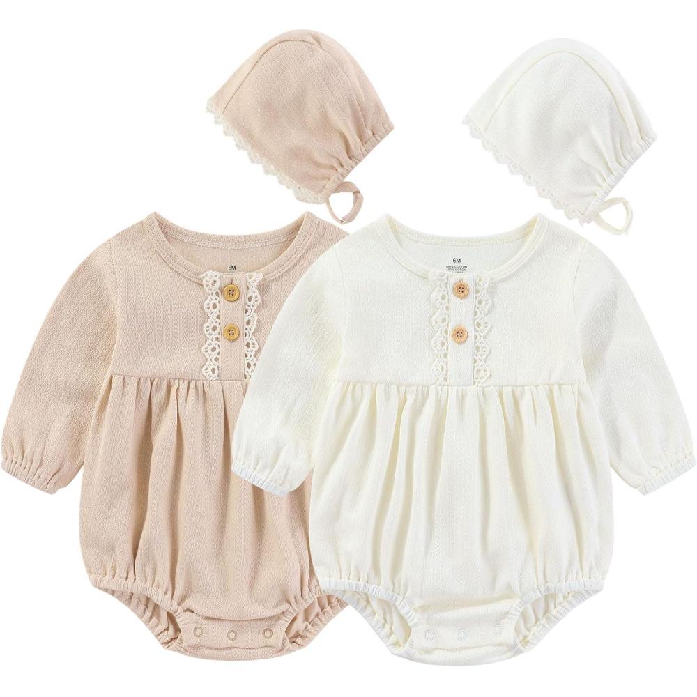 imageRuliby Baby Girl Clothes Cotton Bubble Romper Floral Bodysuits Infant Outfit SetLongsleeved PinkBeige
