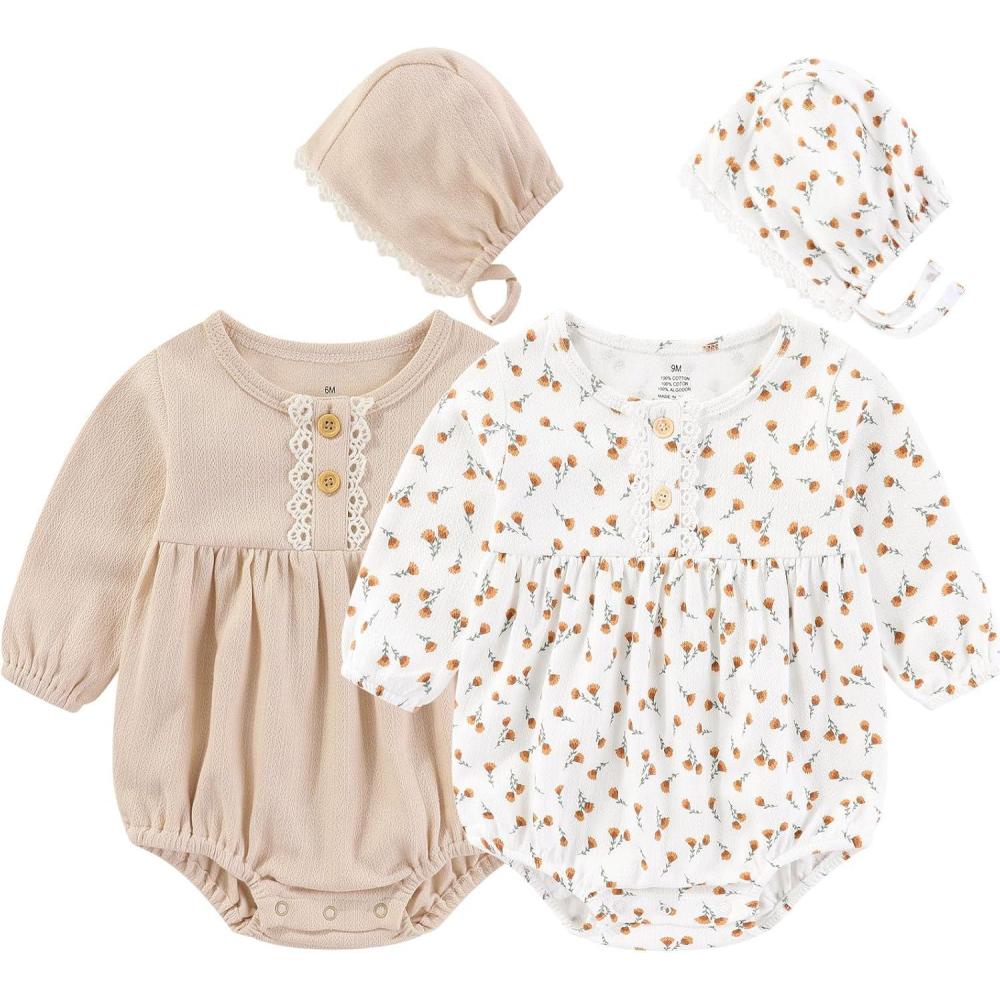 imageRuliby Baby Girl Clothes Cotton Bubble Romper Floral Bodysuits Infant Outfit SetLongsleeved PinkOrange Floral