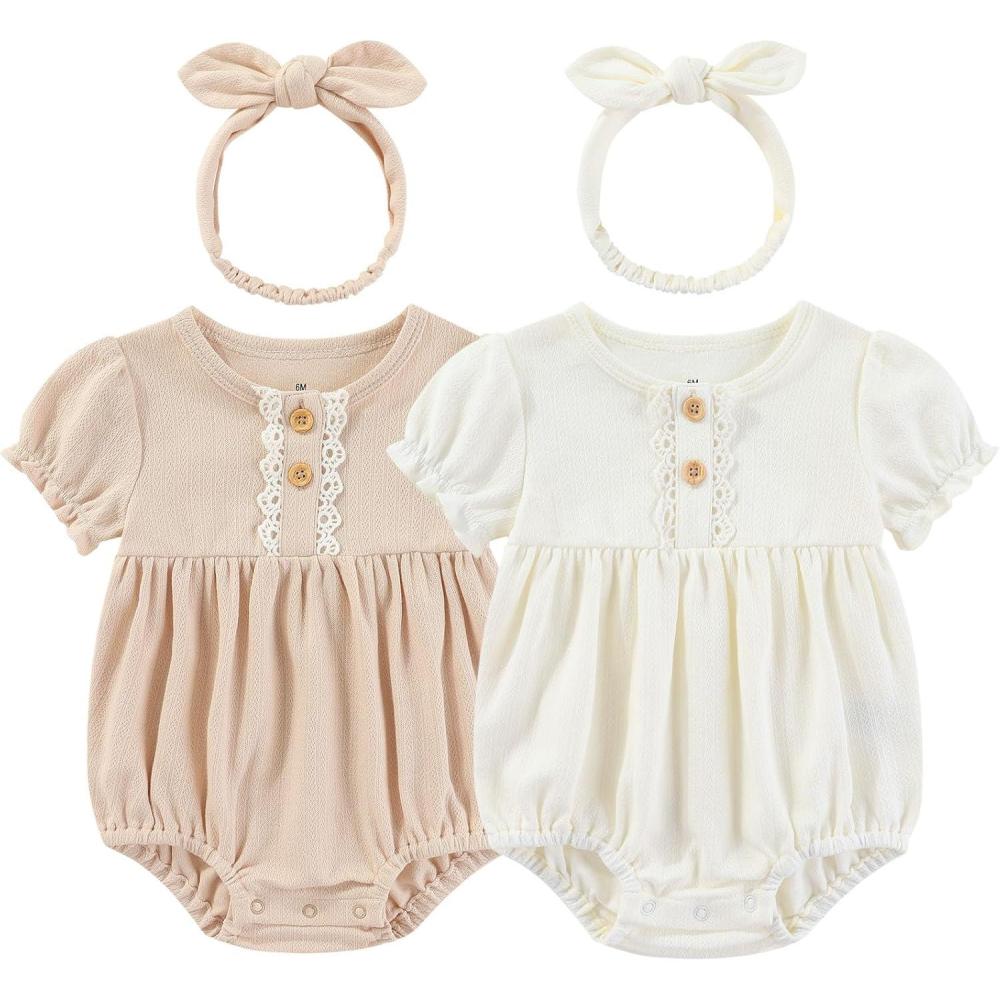 imageRuliby Baby Girl Clothes Cotton Bubble Romper Floral Bodysuits Infant Outfit SetPinkBeige Shortsleeved Bodysuit