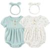 Ruliby Baby Girl Clothes Cotton Bubble Romper Floral Bodysuits Infant Outfit Set(Blue/Light Blue Floral Short-sleeved Bodysuit)