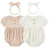 Ruliby Baby Girl Clothes Cotton Bubble Romper Floral Bodysuits Infant Outfit Set(Pink/Beige Short-sleeved Bodysuit)