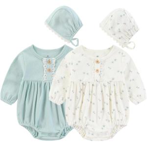 Ruliby Baby Girl Clothes Cotton Bubble Romper Floral Bodysuits Infant Outfit Set(Long-sleeved Blue/Light Blue Floral)