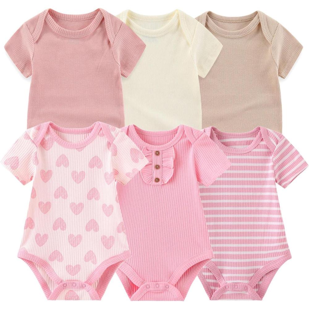 imageBaby Bodysuit 6 Pack Soft Mixed Ribbed Short Sleeve Romper Infant Boy Girl Clothes SetBaby Bodysuit 6piece SolidLight PinkLove