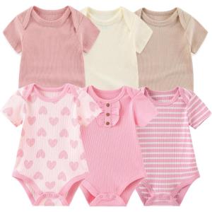 Baby Bodysuit 6 Pack Soft Mixed Ribbed Short Sleeve Romper Infant Boy Girl Clothes Set(Baby Bodysuit 6-piece Solid/Light Pink/Love)