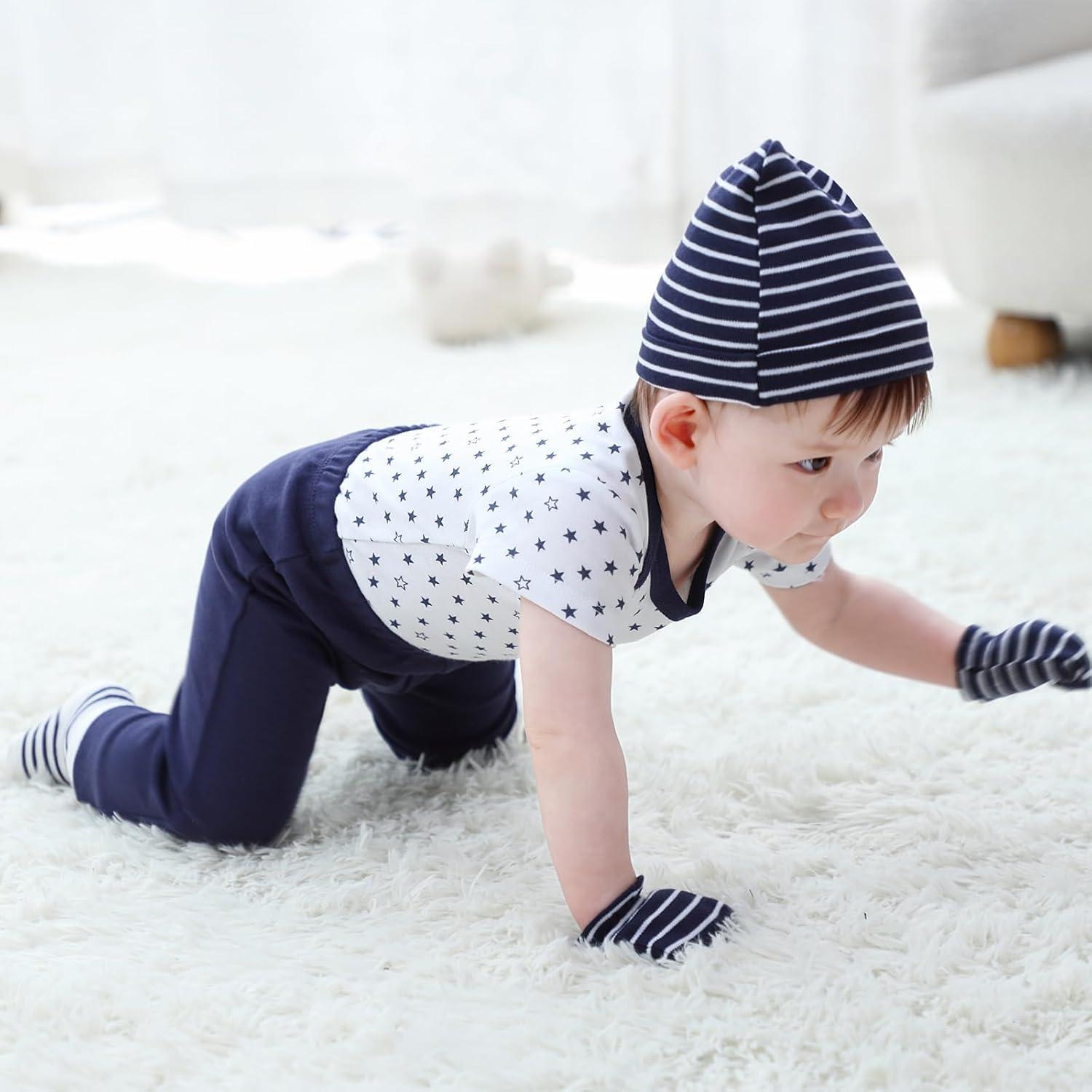 imageRuliby Baby Bodysuit and Pant Set 10pcs Cotton Soft Newborn Boy Girl Clothes OutfitsNavy Blue Striped Set 10 Pieces