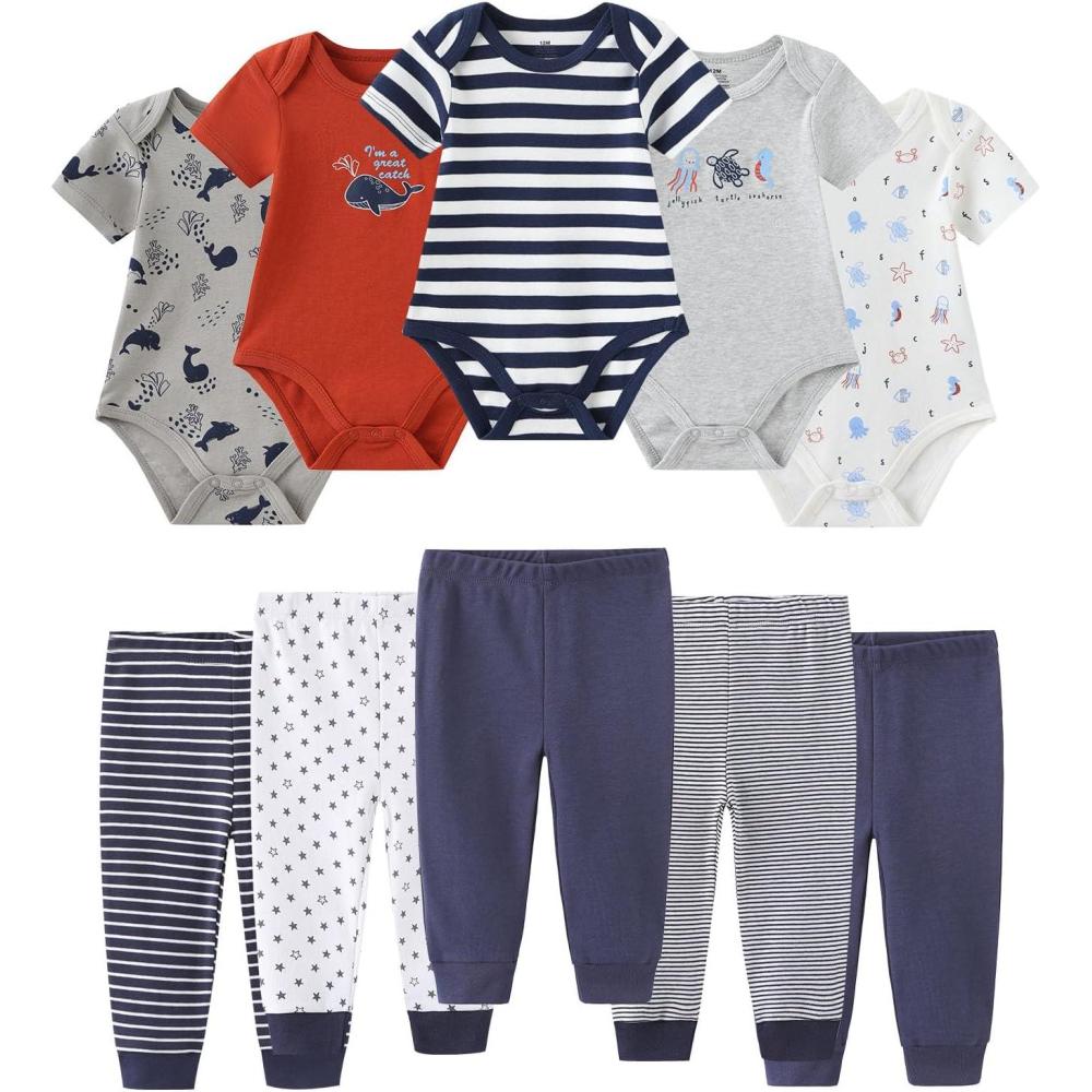 imageRuliby Baby Bodysuit and Pant Set 10pcs Cotton Soft Newborn Boy Girl Clothes OutfitsAnimal Navy Blue Set 10 Pieces