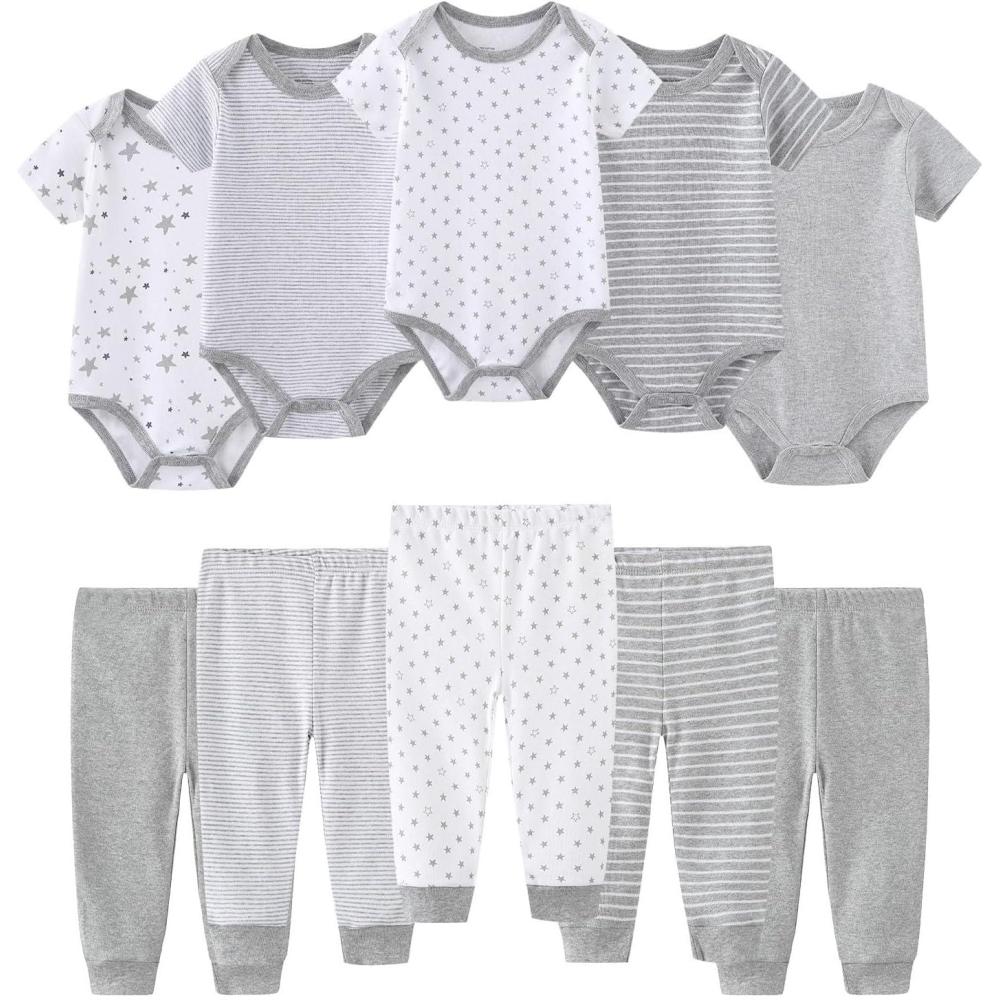 imageRuliby Baby Bodysuit and Pant Set 10pcs Cotton Soft Newborn Boy Girl Clothes OutfitsLight Gray Star Stripe Set 10 Pieces