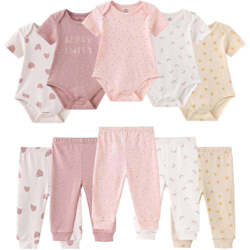 imageRuliby Baby Bodysuit and Pant Set 10pcs Cotton Soft Newborn Boy Girl Clothes OutfitsStrawberry Sunshine Set 10 Pieces