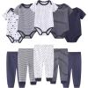 Ruliby Baby Bodysuit and Pant Set 10-pcs Cotton Soft Newborn Boy Girl Clothes Outfits(Navy Blue Striped Set 10 Pieces)