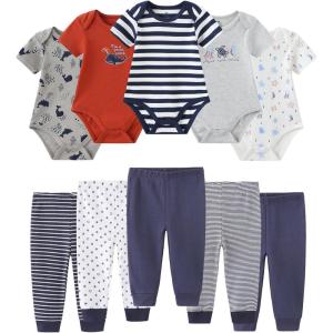 Ruliby Baby Bodysuit and Pant Set 10-pcs Cotton Soft Newborn Boy Girl Clothes Outfits(Animal Navy Blue Set 10 Pieces)