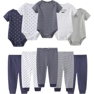 Ruliby Baby Bodysuit and Pant Set 10-pcs Cotton Soft Newborn Boy Girl Clothes Outfits(Bowtie Navy Blue Set 10 Pieces)