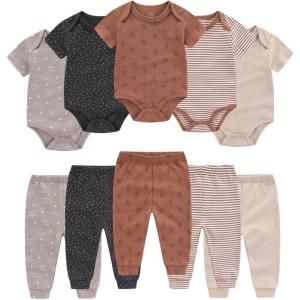 Ruliby Baby Bodysuit and Pant Set 10-pcs Cotton Soft Newborn Boy Girl Clothes Outfits(Coffee Stripe Set 10 Pieces)