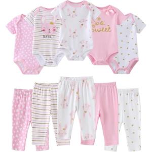Ruliby Baby Bodysuit and Pant Set 10-pcs Cotton Soft Newborn Boy Girl Clothes Outfits(Pink Bunny Set 10 Pieces)