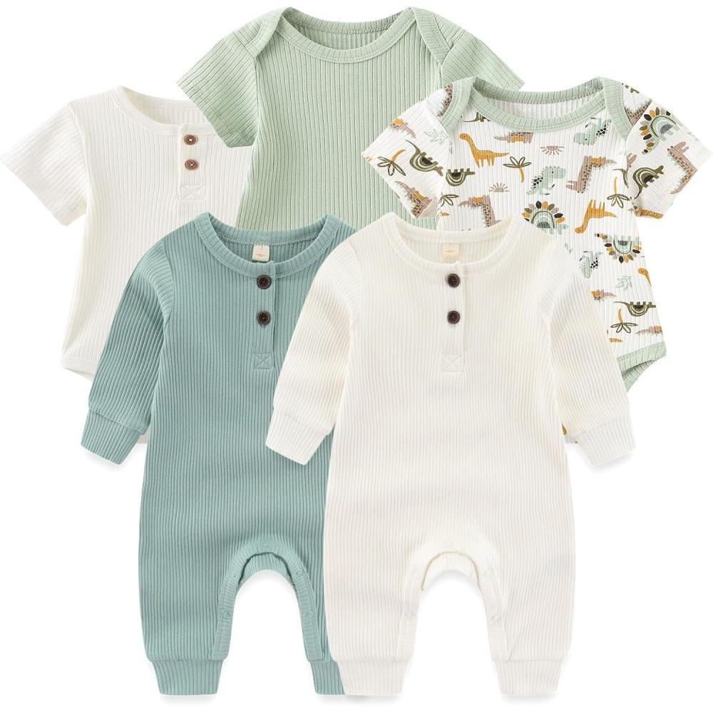 imageRuliby Baby Bodysuit Ribbed Romper 5pcs Soft Unisex Boy Girl Outfit Clothes Set 012 momth5piece Romper Sage GreenDinosaur