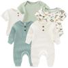 Ruliby Baby Bodysuit Ribbed Romper 5-pcs Soft Unisex Boy Girl Outfit Clothes Set 0-12 momth(5-piece Romper Sage Green/Dinosaur)