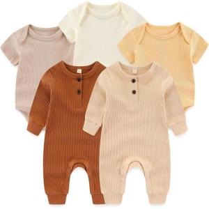 Ruliby Baby Bodysuit Ribbed Romper 5-pcs Soft Unisex Boy Girl Outfit Clothes Set 0-12 momth(5-piece Romper Apricot/Brown/Khaki/Yellow/White)