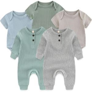 Ruliby Baby Bodysuit Ribbed Romper 5-pcs Soft Unisex Boy Girl Outfit Clothes Set 0-12 momth(5-piece Romper Green/Gray/Blue)