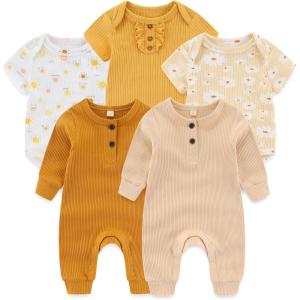 Ruliby Baby Bodysuit Ribbed Romper 5-pcs Soft Unisex Boy Girl Outfit Clothes Set 0-12 momth(5-piece Romper Sun/Yellow/Flower)