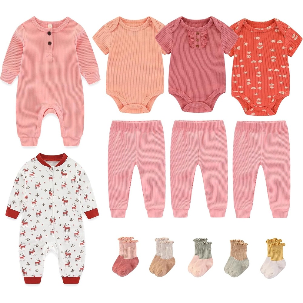 image:imageRuliby Baby Bodysuit and Pant Sets Ribbed Romper Soft Newborn Boy Girl Clothes Outfits Layette Gift SetCoral Pink Ribbed Set Deer