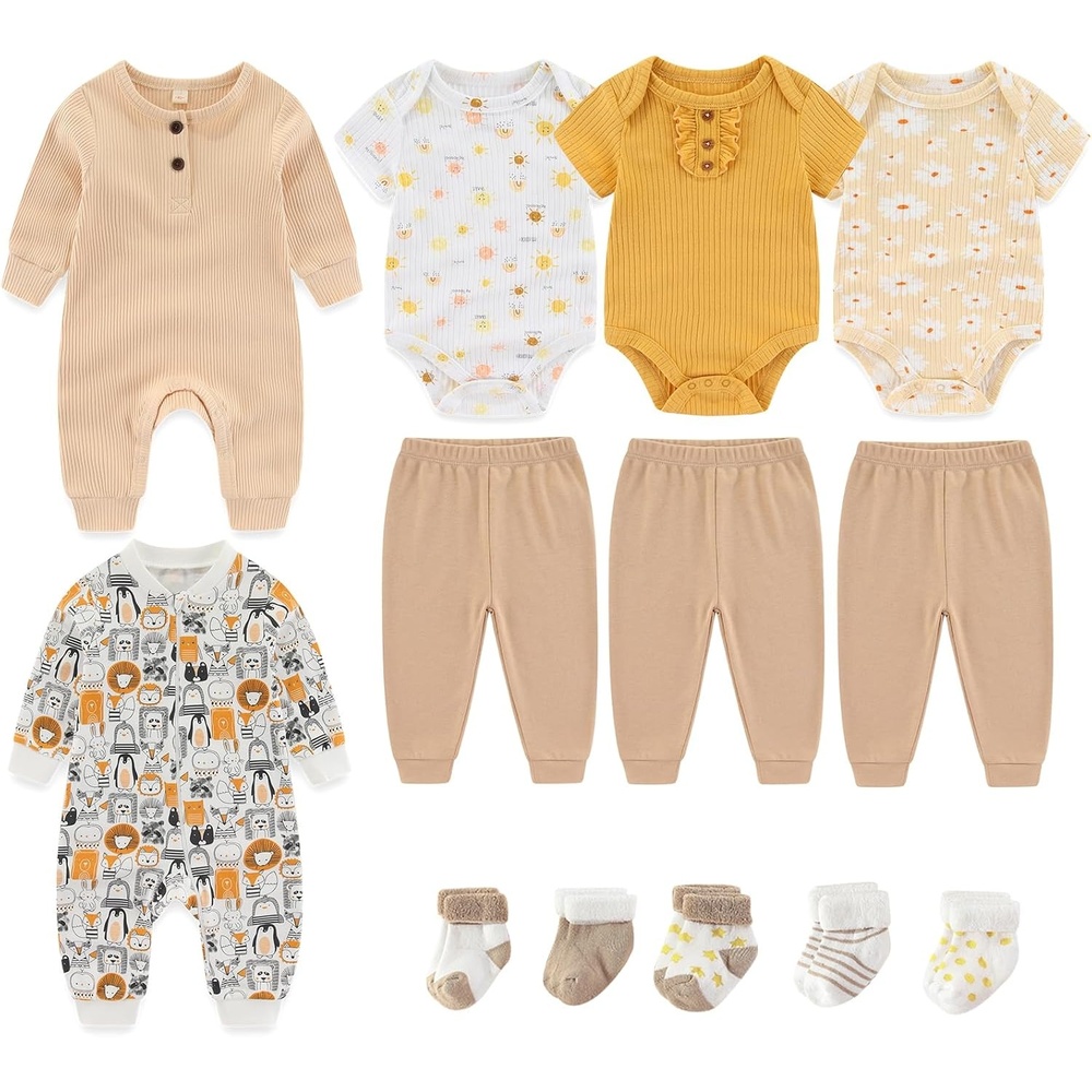 image:imageRuliby Baby Bodysuits and Zip Romper Pants Set Cotton Newborn Clothes Unisex outfits layette gift bundle setshort sleeved long sleeved mixed snap button and 2way zip romperCute AnimalApricotYellowKhaki