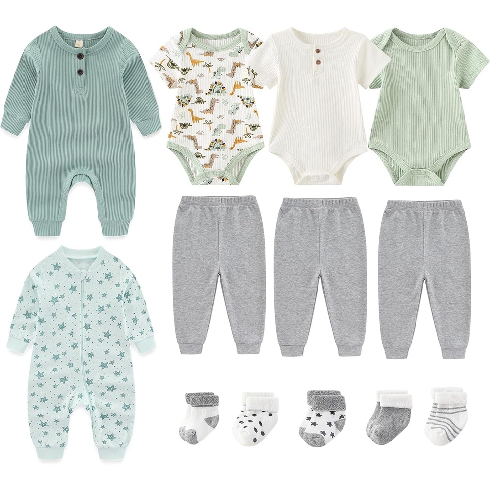 image:imageRuliby Baby Bodysuits and Zip Romper Pants Set Cotton Newborn Clothes Unisex outfits layette gift bundle setshort sleeved long sleeved mixed snap button and 2way zip romperStarfishWhiteSage GreenGray