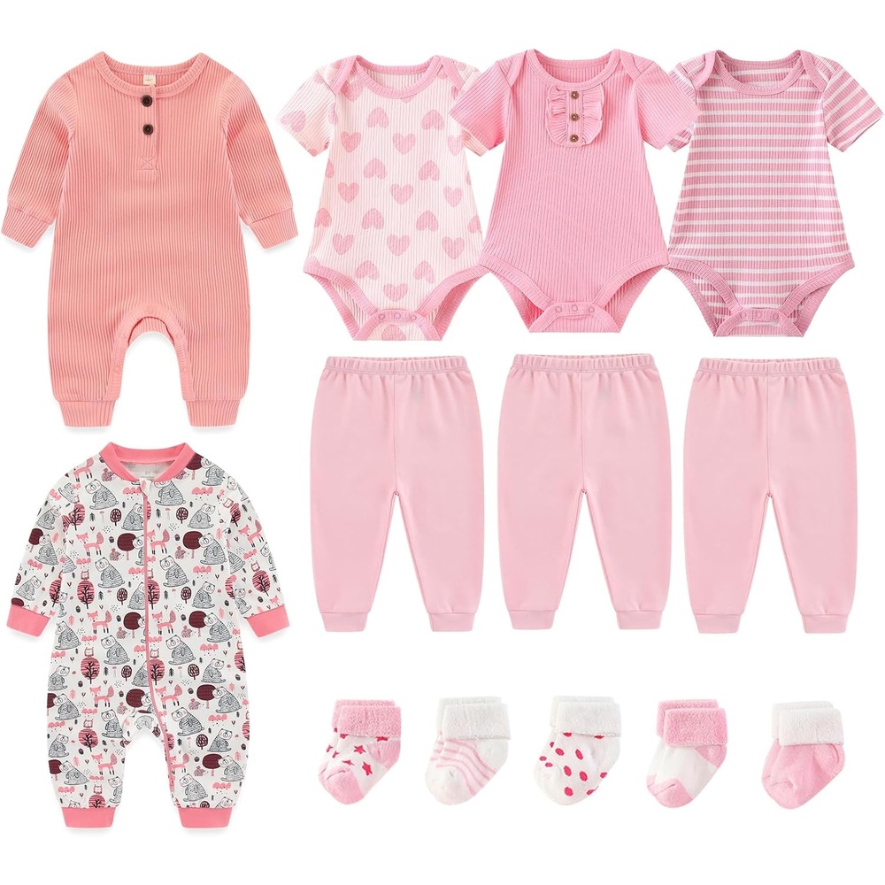 image:imageRuliby Baby Bodysuits and Zip Romper Pants Set Cotton Newborn Clothes Unisex outfits layette gift bundle setshort sleeved long sleeved mixed snap button and 2way zip romperFoxPinkStripe