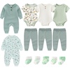 Ruliby Baby Bodysuits and Zip Romper Pants Set Cotton Newborn Clothes | Unisex outfits layette gift bundle set,short sleeved, long sleeved mixed snap button and 2-way zip romper(Sage Green Ribbed Set + Starfish)