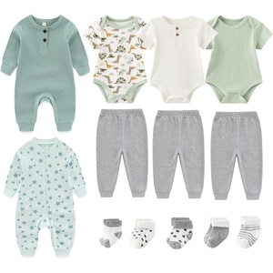 Ruliby Baby Bodysuits and Zip Romper Pants Set Cotton Newborn Clothes | Unisex outfits layette gift bundle set,short sleeved, long sleeved mixed snap button and 2-way zip romper(Starfish/White/Sage Green/Gray)