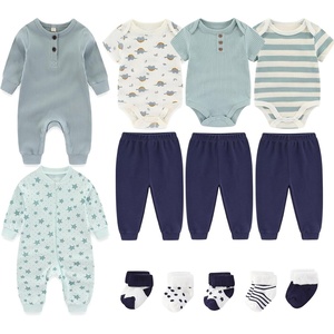 Ruliby Baby Bodysuits and Zip Romper Pants Set Cotton Newborn Clothes | Unisex outfits layette gift bundle set,short sleeved, long sleeved mixed snap button and 2-way zip romper(Starfish/Gray Blue/Navy)