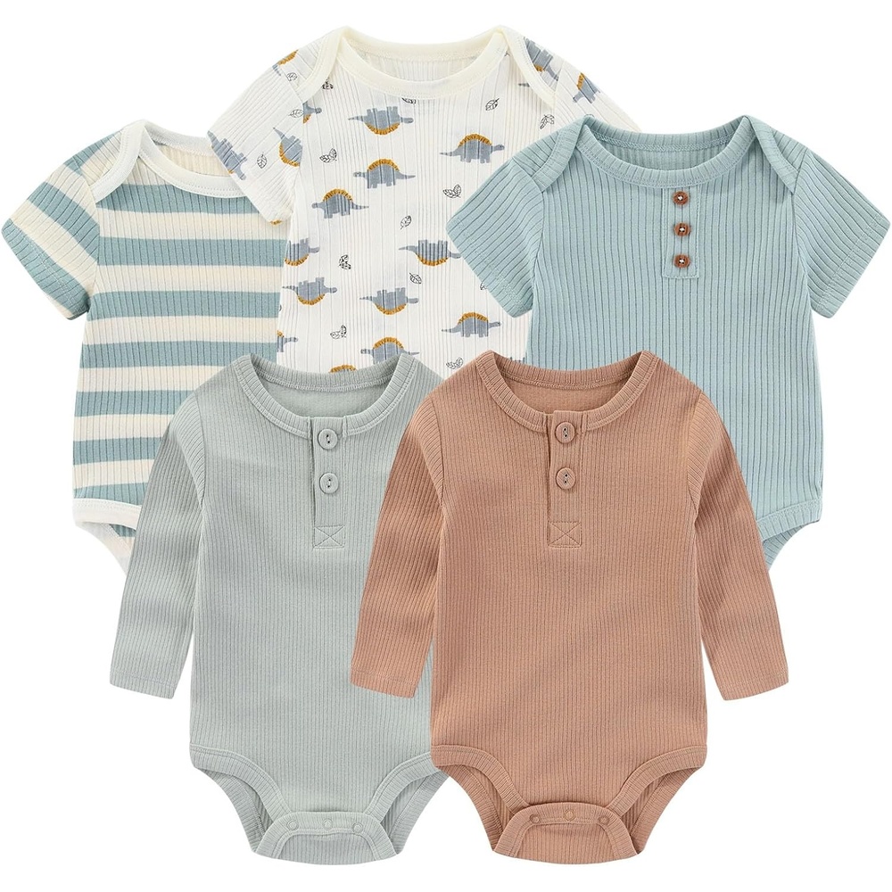 image:imageRuliby Newborn Baby Bodysuit 5 Pack Soft Ribbed OnePiece Outfit Clothes Sets 012 MonthBlue Bodysut 5piece KhakiGreenBlue